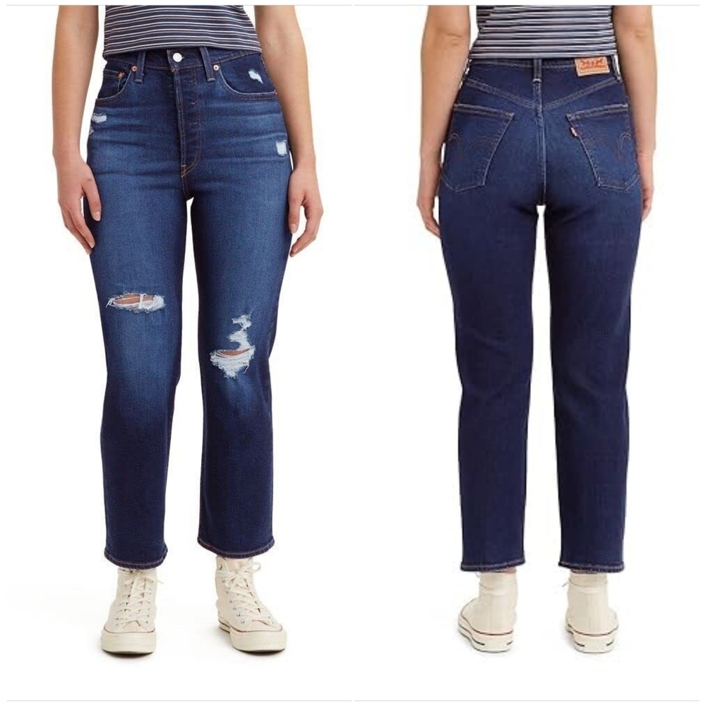 Levi's Ribcage Straight Ankle dark wash distressed jeans size 28